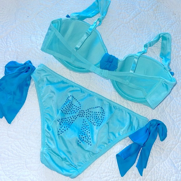 VS 2 PC Bride Tiffany Blue Wedding Demi Lined Bra Bling Bow Panties - Picture 8 of 9